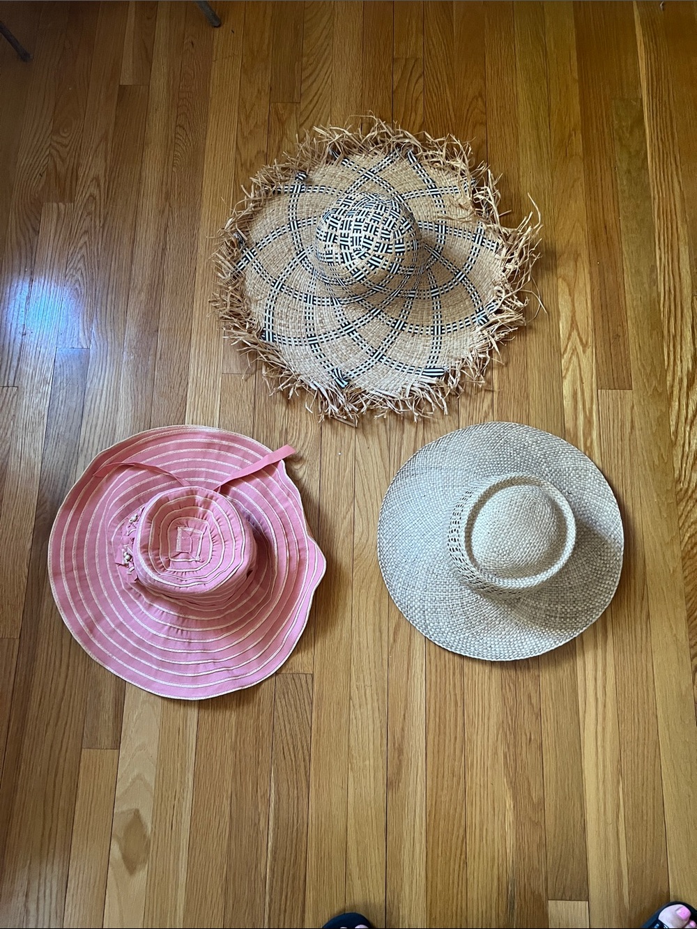 3 Sun Hats! Wide-Brim - Pink, Natural Straw, and Patterned Raffia